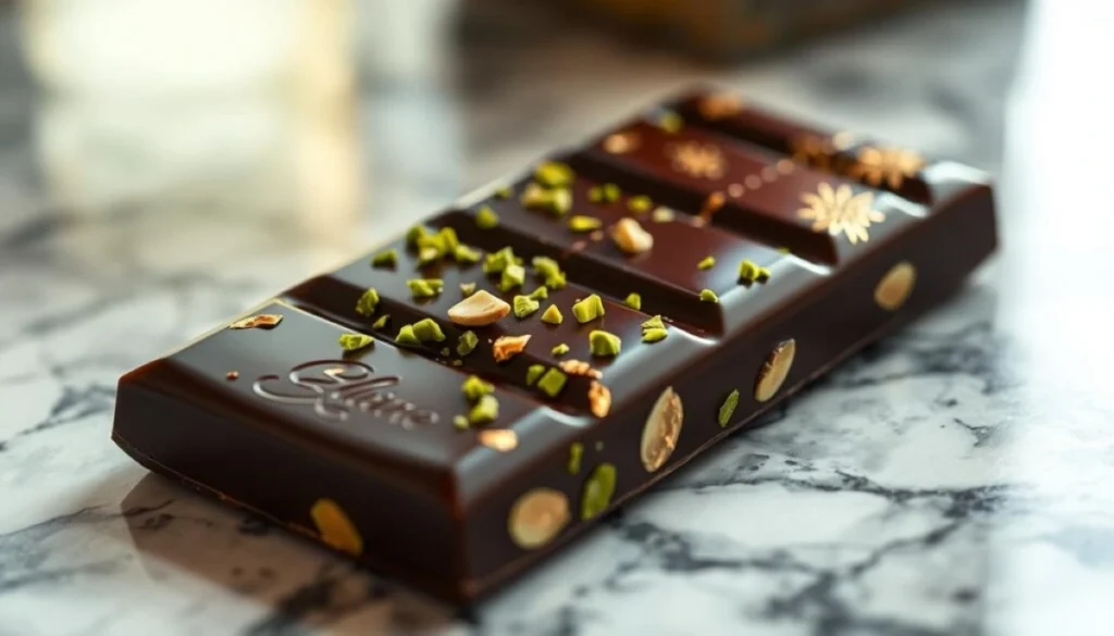 Assortment of luxurious Dubai chocolate bars with exotic spices and nuts.