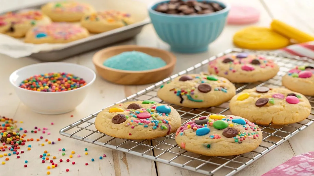 Freshly baked cookies decorated with vibrant sprinkles, colored chocolate chips, and edible glitter, displayed on a cooling rack in a cozy kitchen setting.