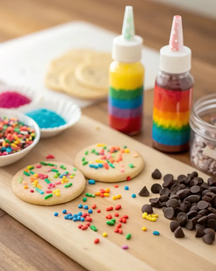 Close-up of colorful cookie ingredients on a wooden countertop, featuring rainbow sprinkles, gel food coloring bottles, and colored chocolate chips, with a cookie being decorated in the background.

