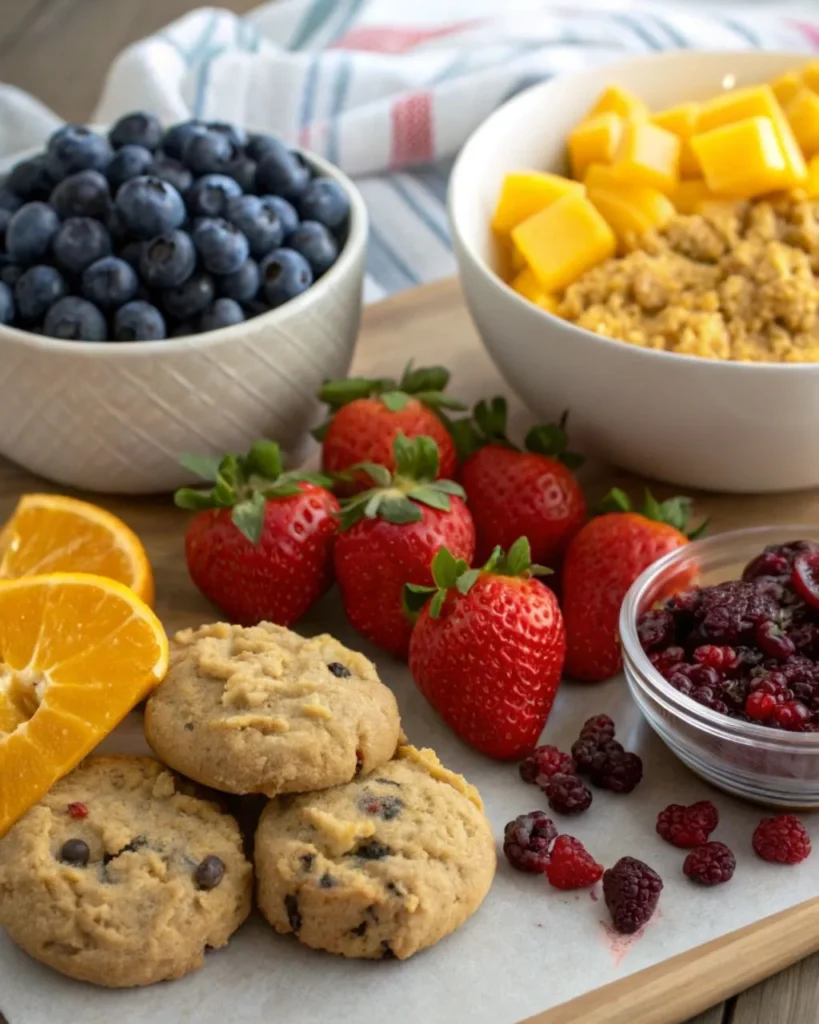 A spread of fresh blueberries, strawberries, orange zest, dried cranberries, and mango alongside a bowl of cookie dough, showcasing colorful ingredients for cookies.
