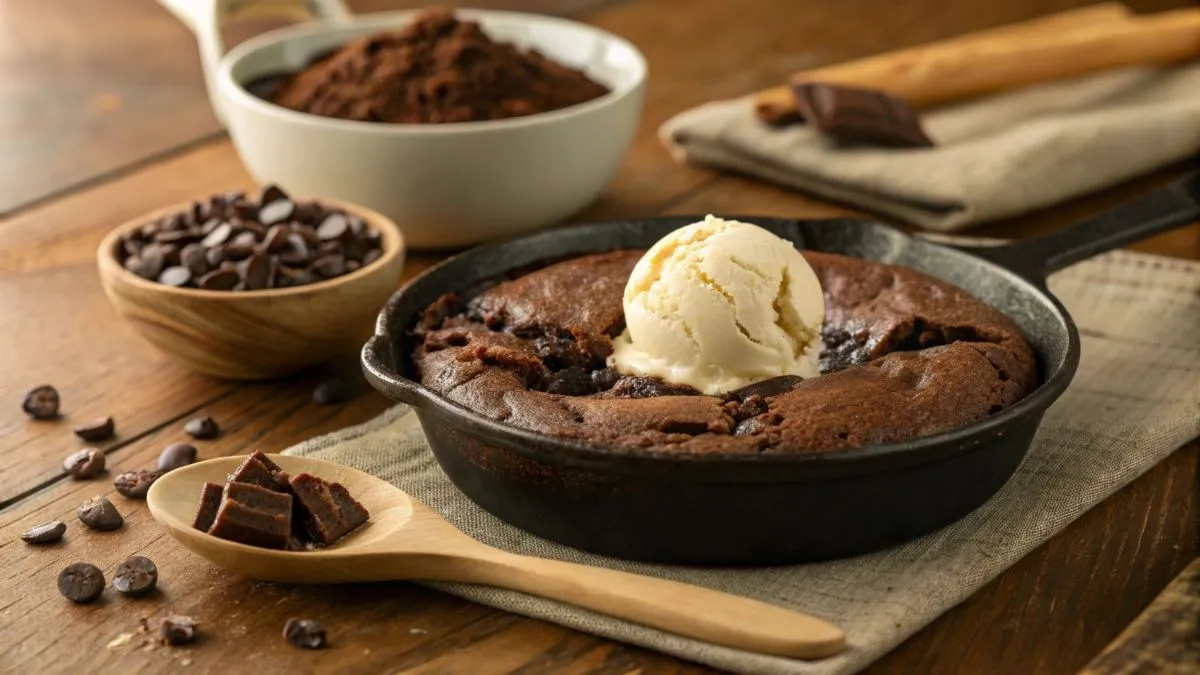 Chocolate cobbler served in a rustic cast-iron skillet with melting vanilla ice cream.