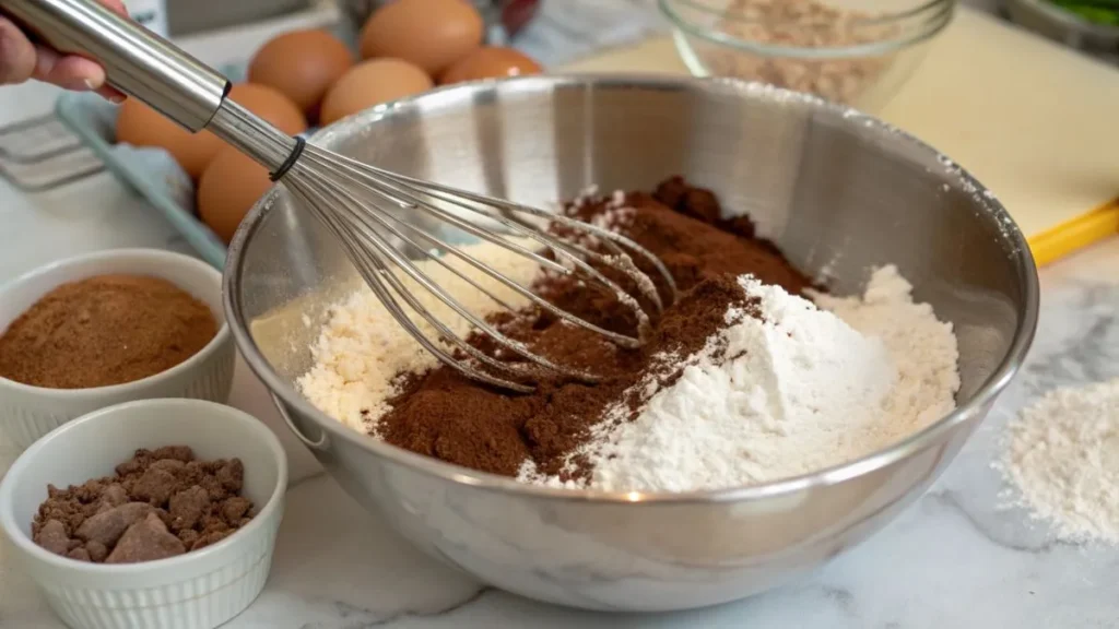 Mixing chocolate cobbler ingredients in a large bowl, with cocoa powder, flour, and eggs in the background.

