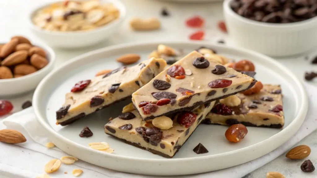 Healthy cookie dough bark with chocolate chips, dried fruits, and nuts.

