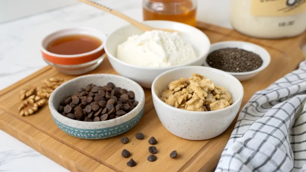 Ingredients for a high-protein cookie dough recipe arranged on a wooden board, including chocolate chips, walnuts, chia seeds, honey, protein powder, and yogurt.