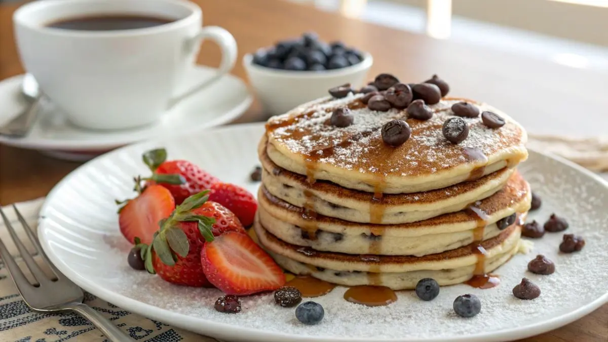 Fluffy chocolate chip pancakes with melted chocolate chips, syrup, powdered sugar, fresh berries, and a warm cup of coffee in a cozy breakfast setting.