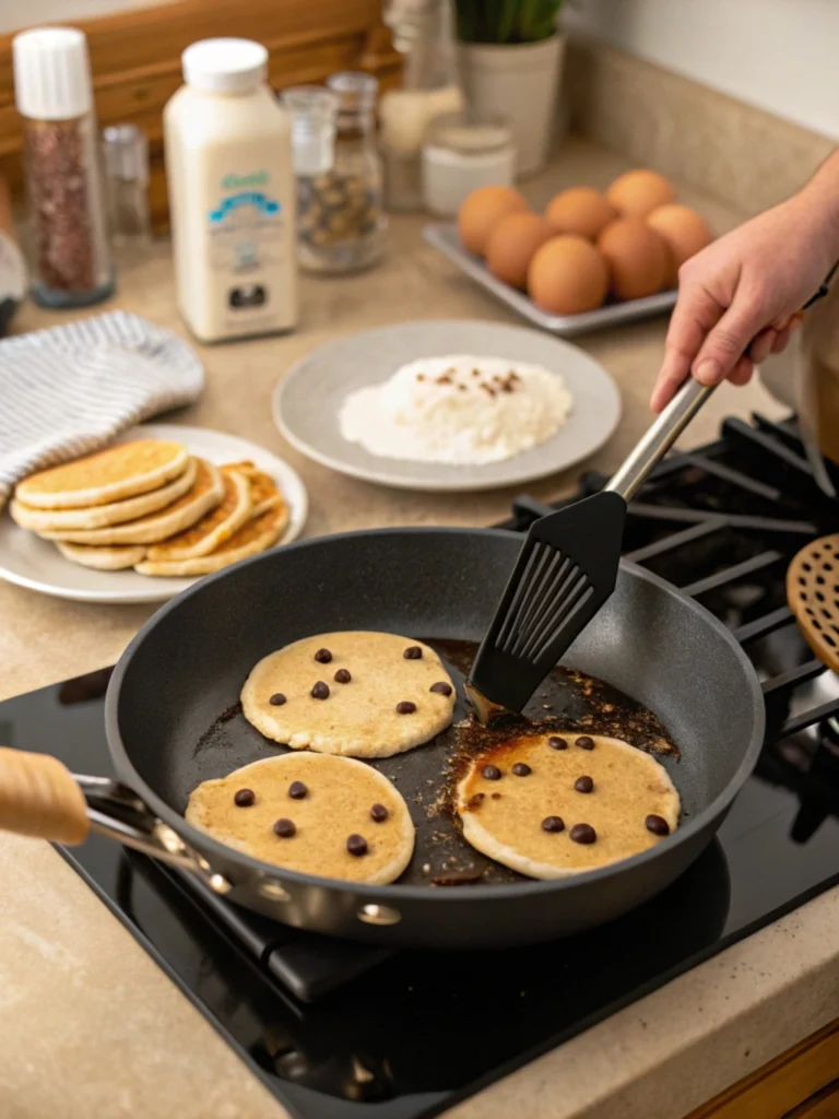 Person cooking chocolate chip pancakes on a stovetop with melting chocolate chips and a spatula, plate of pancakes in the background.