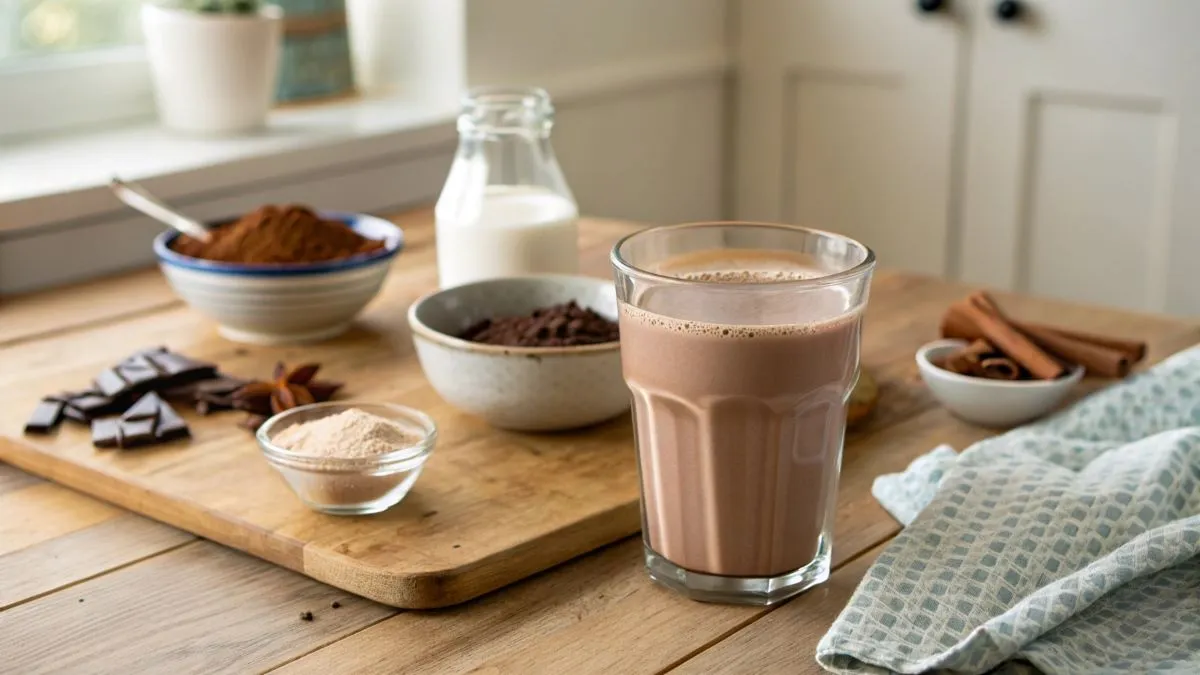 Glass of homemade chocolate milk with a rich, creamy texture and a sprinkle of cocoa powder.