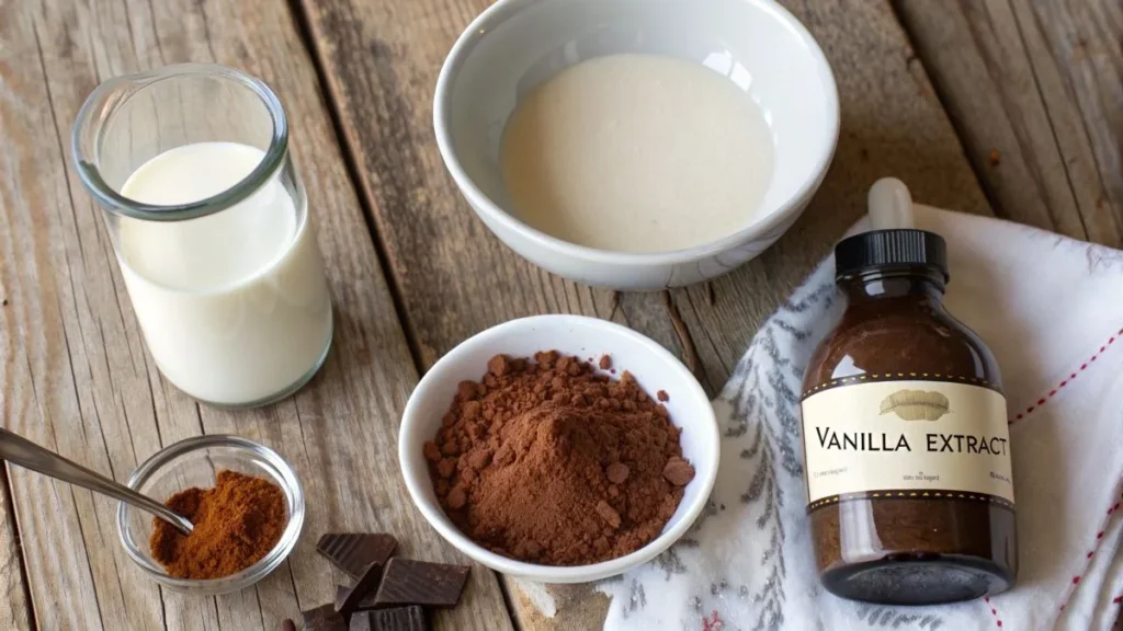  Ingredients for homemade chocolate milk, including a glass jar of milk, a bowl of sugar, a bottle of vanilla extract, a small bowl of cocoa powder, a dish of cinnamon powder, and chocolate chunks, arranged on a rustic wooden table.