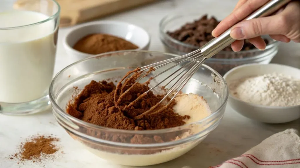  Close-up of cocoa powder being whisked into warm milk in a small bowl, creating a smooth paste. A hand holds the whisk, with blurred ingredients like sugar and a glass of milk in the background.