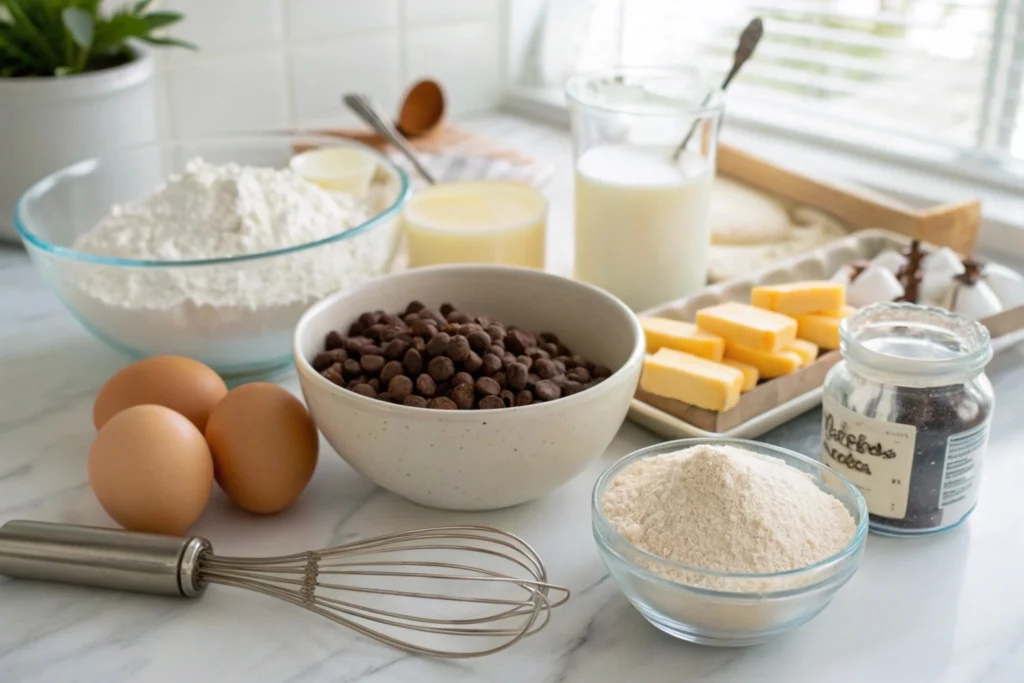 Ingredients for a chocolate chip pancake recipe, including flour, eggs, milk, butter, chocolate chips, sugar, baking powder, and vanilla extract on a clean kitchen counter.