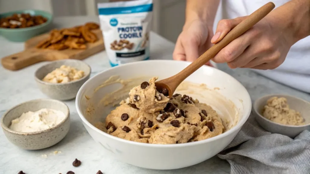 A person mixing high-protein cookie dough with chocolate chips in a white bowl using a wooden spoon, surrounded by bowls of ingredients and a bag of protein cookie mix.