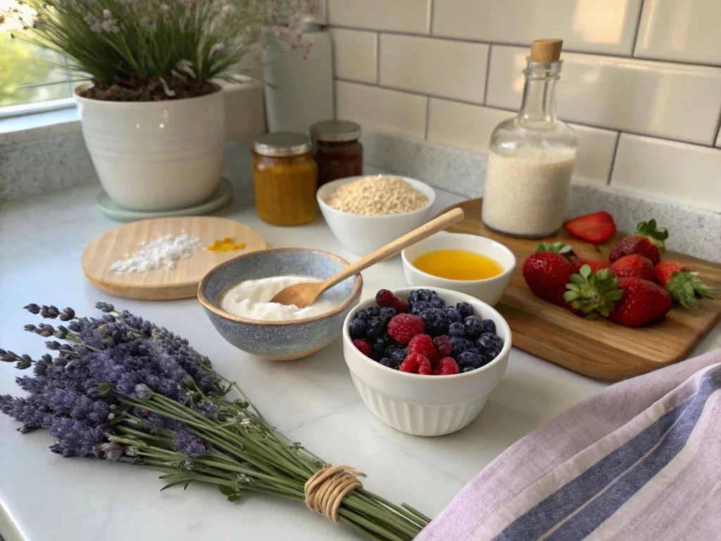 A serene kitchen counter with fresh ingredients for Pokemon sleep dessert recipes, including lavender, coconut milk, honey, and soft fruits.