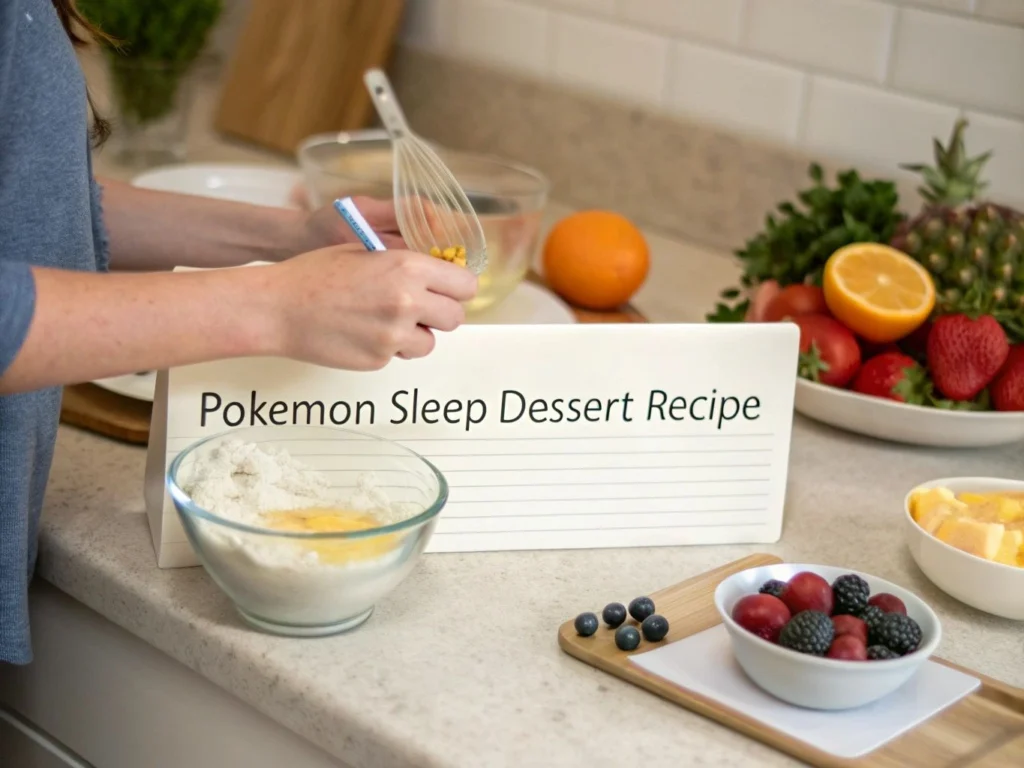  A person preparing a Pokemon sleep dessert recipe in a calm kitchen, following step-by-step instructions with soothing ingredients.