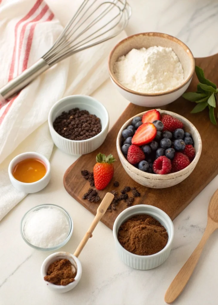 A well-organized kitchen counter with all the ingredients for a low sugar dessert recipe, including almond flour, monk fruit sweetener, and fresh berries.