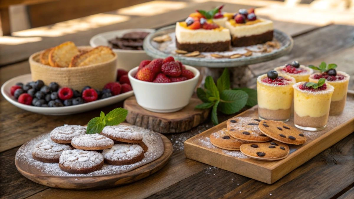 A variety of beautifully presented low sugar desserts, including cookies, cakes, and fruit-based treats with vibrant garnishes.