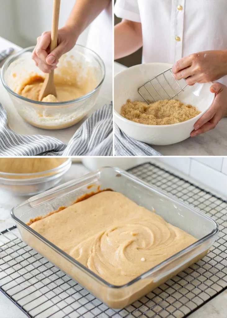 Step-by-step process of making a low sugar dessert, showing mixing, pouring, and baking the dessert.